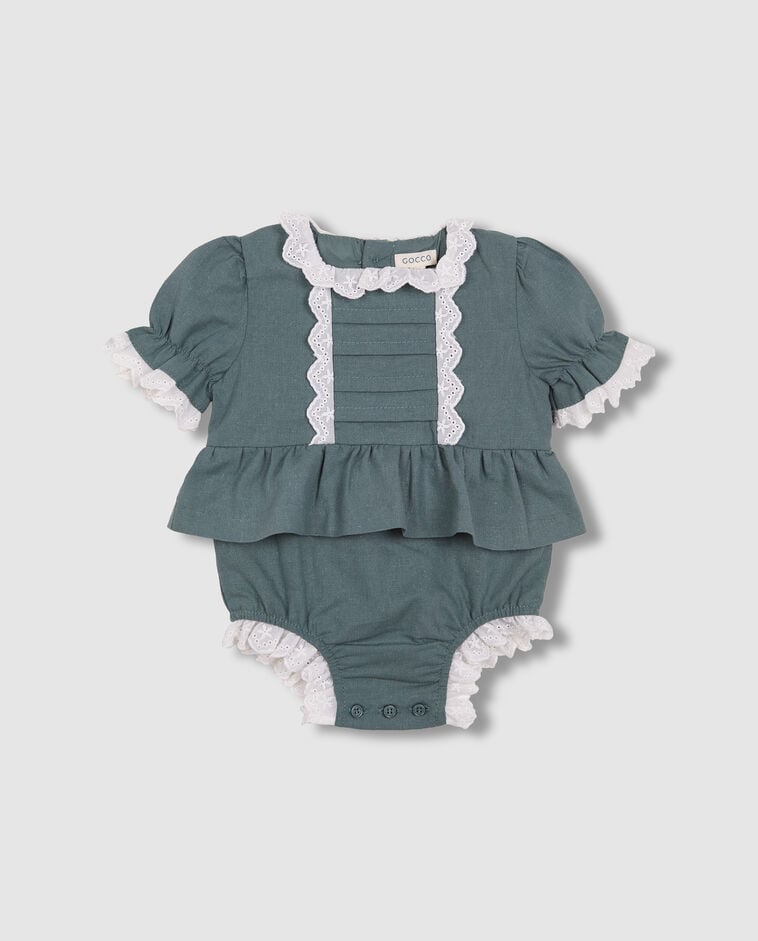 Barboteuse en lin avec bretelles brod&eacute;es verte