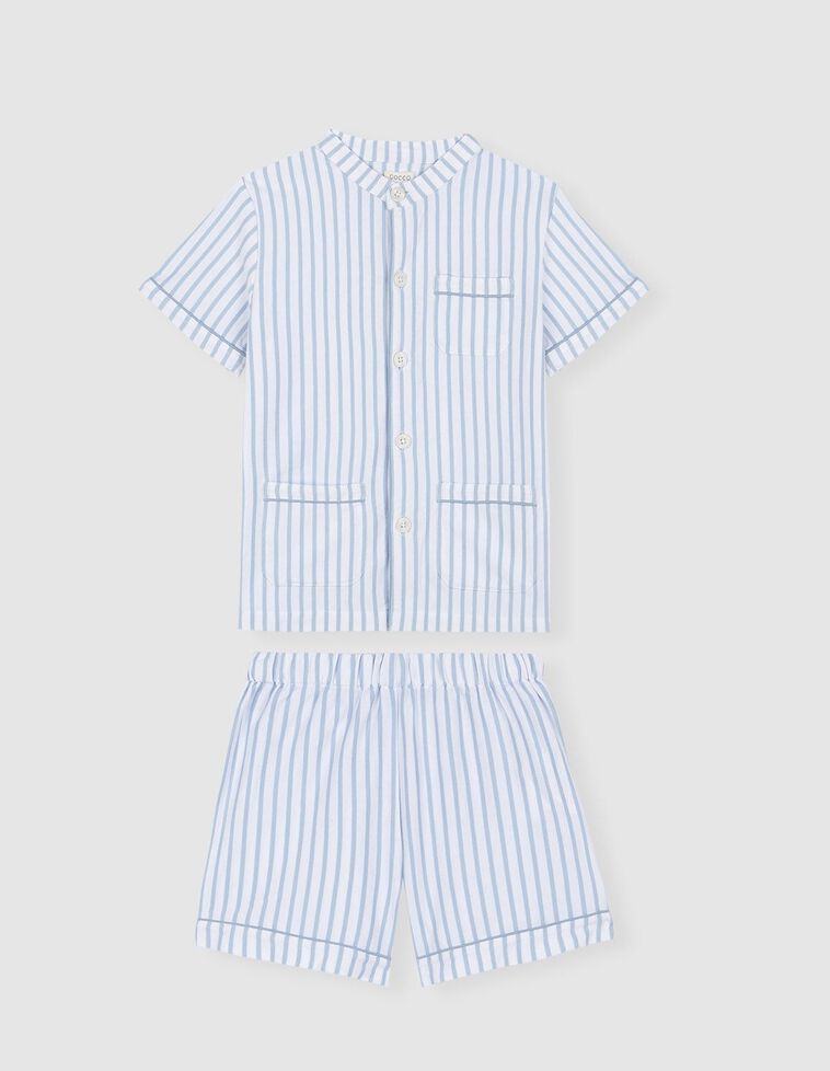 Pijama com gola mandarim de riscas nas cores branco e azul