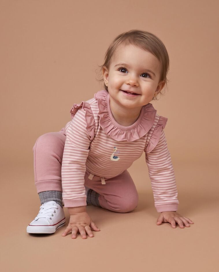 Sweat rose &agrave; rayures avec imprim&eacute; b&eacute;b&eacute;