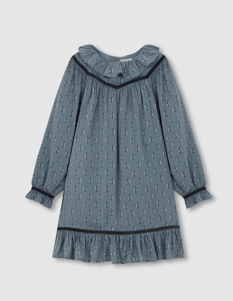 Vestito Stampa In Viscosa Con Colletto A Balza Blu Chiaro