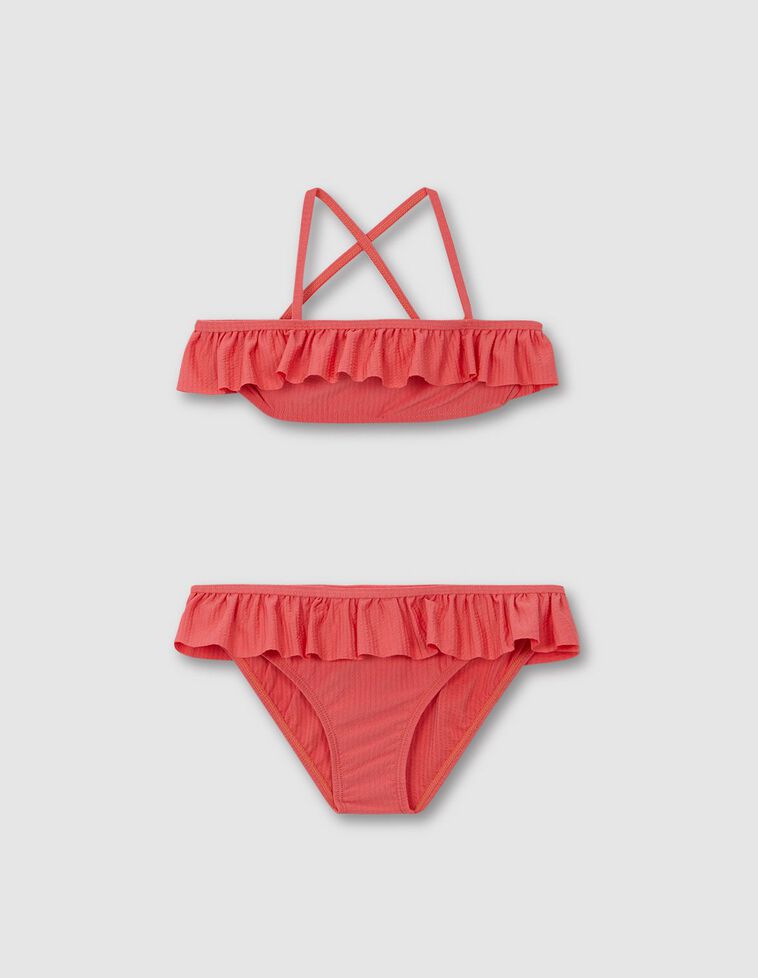 Bikini in tessuto seersuker color corallo 