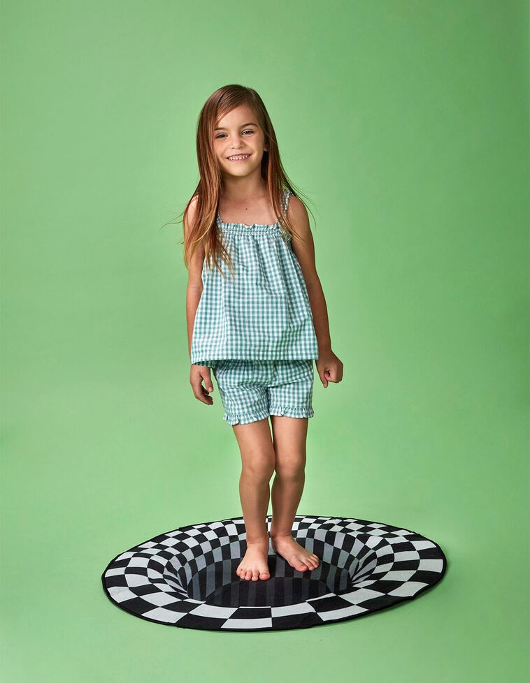 Pijama curto com padrão de xadrez vichy  turquesa