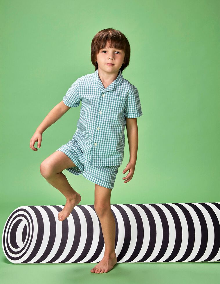  pijama curto com padrão de xadrez vichy  turquesa
