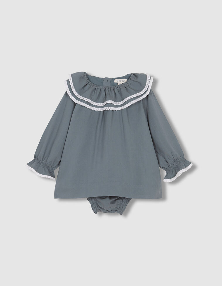Vestito Stampa Con Collo Doppio Bluastro