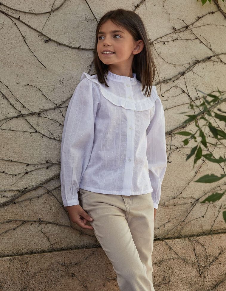 Camisa Dobby  Com Folhos Branco Sujo