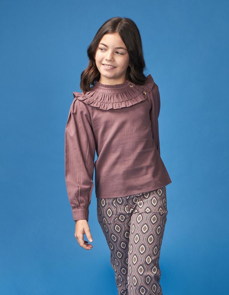 Chemise à col volant violet