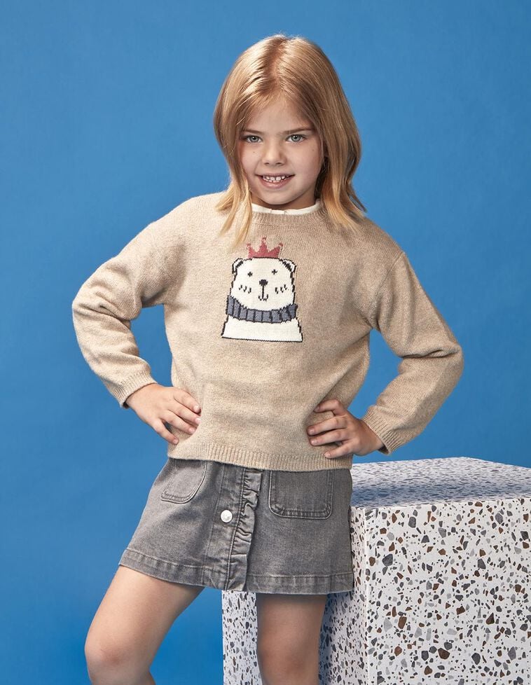 Pull avec motif ours polaire pierre