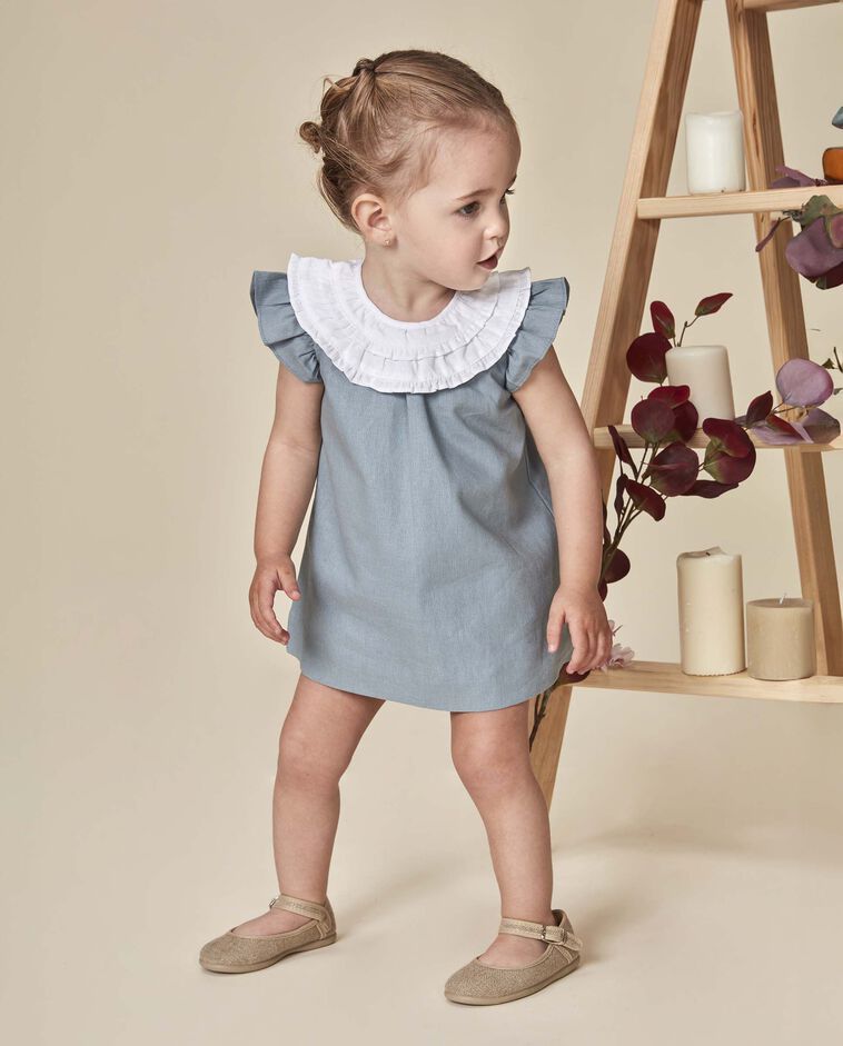 Robe en lin &agrave; col contrastant gris
