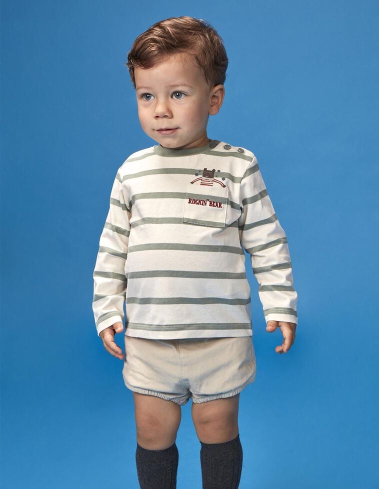 T-shirt rayé avec imprimé ours vert