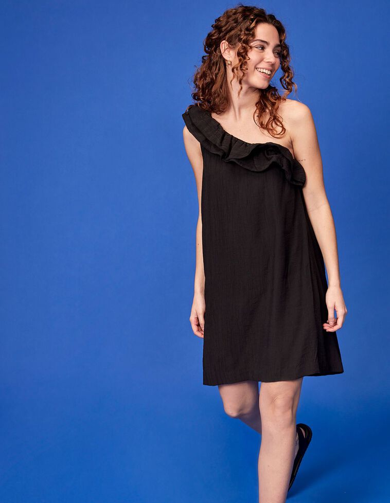 Vestito asimmetrico con volant color nero