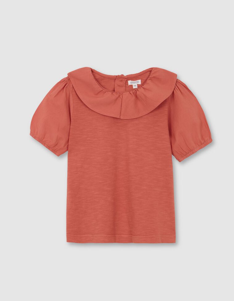 Kurzärmeliges T-Shirt mit orangefarbenem Rüschenkragen