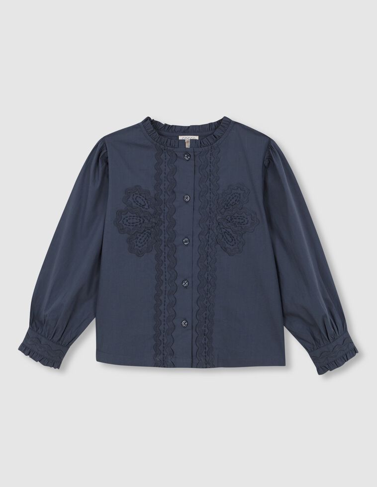 Blouse à manches bouffantes et broderies vert pétrole