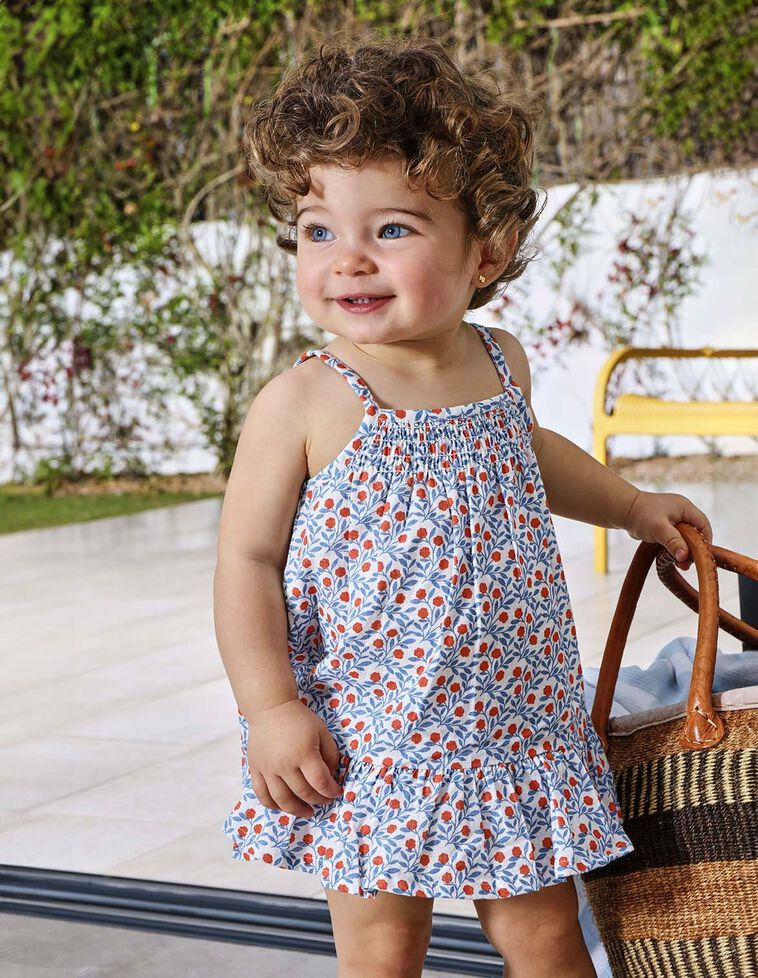 Vestido estampado de alças com bordado a condizer