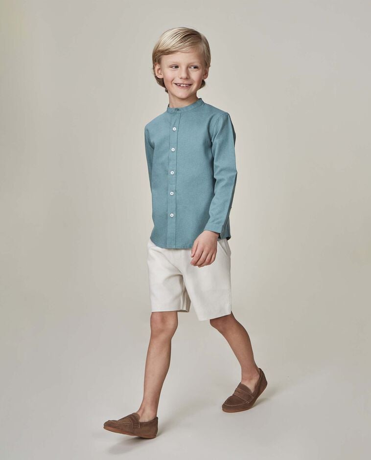 Chemise en lin unie col mao verte