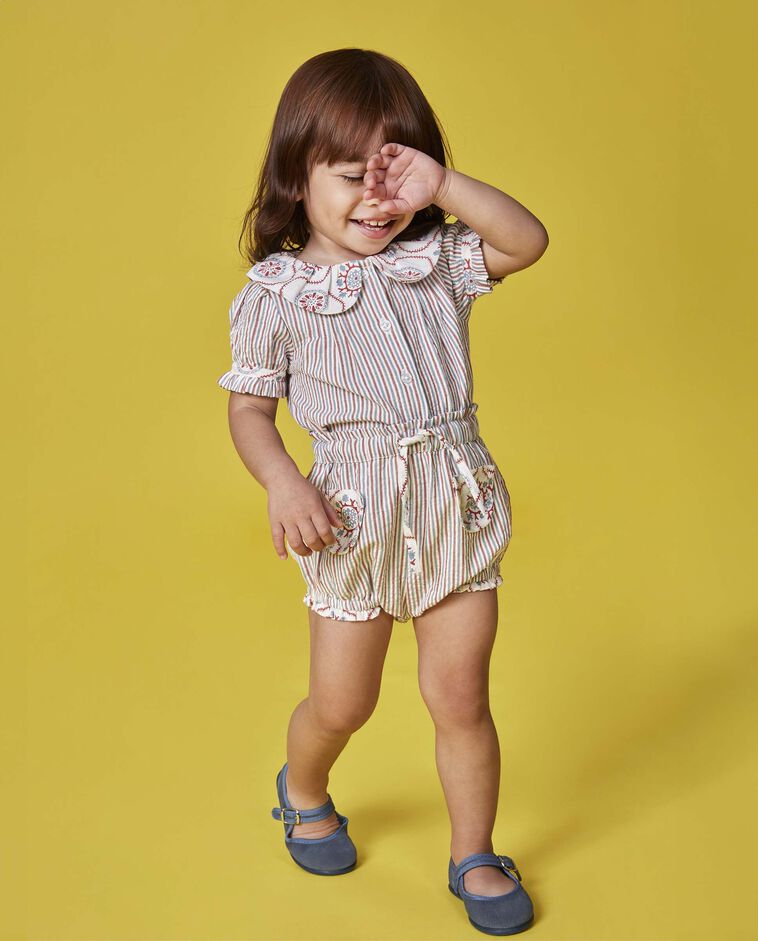 Pantalon bouffant court en tissus contrast&eacute;s blanc