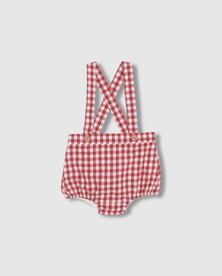 Culotte bouffante en lin &agrave; bretelles rose