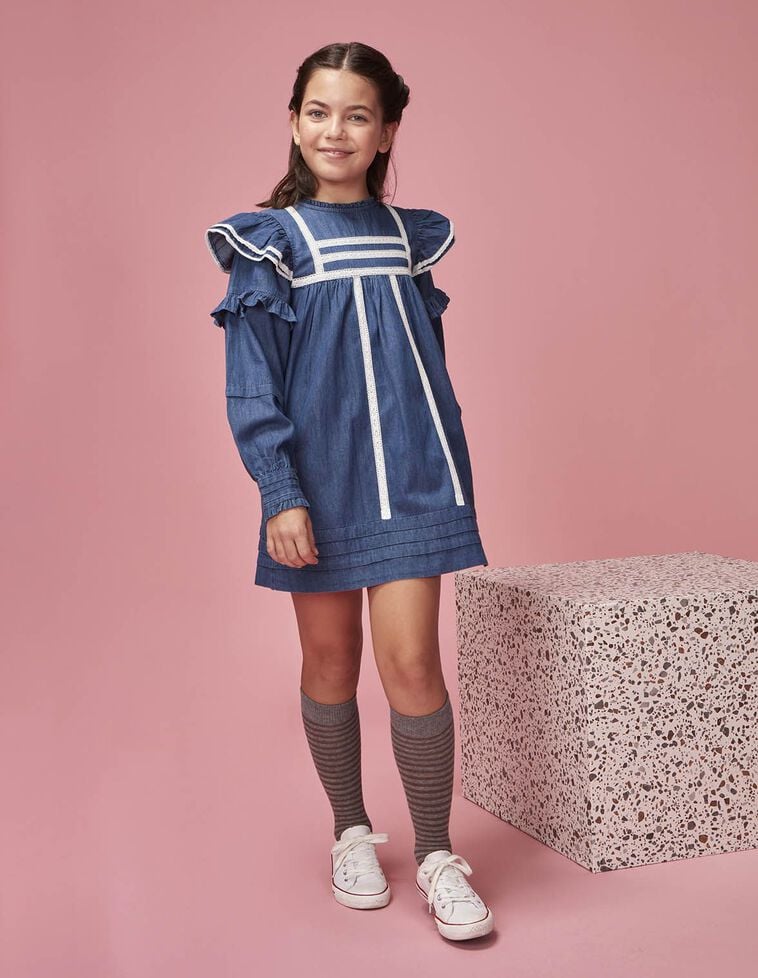 Robe salopette avec volant aux épaules bleu clair