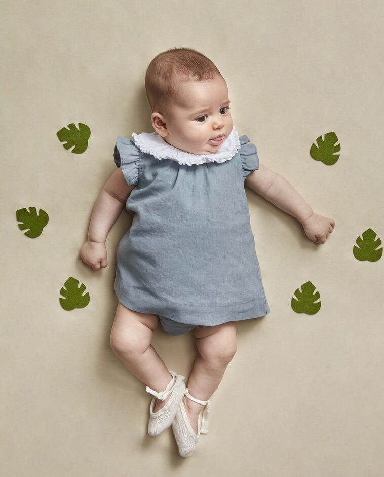 Vestido linho com decote/colarinho a contraste cinza