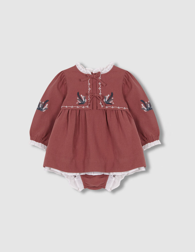 Vestito Con Fiori Ricamati Rosa Antico Scuro