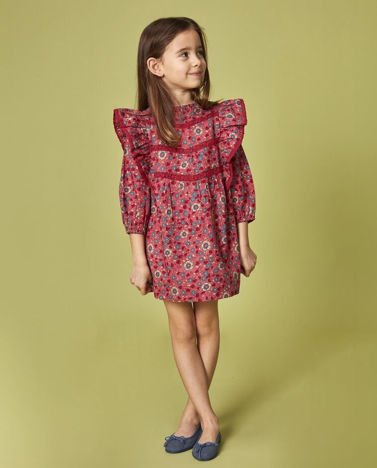 Robe imprim&eacute;e &agrave; fleurs avec volants corail