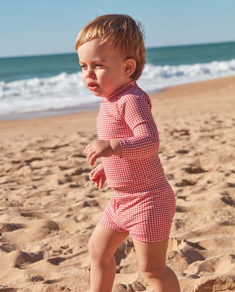 Maillot de bain en lycra &agrave; carreaux vichy corail