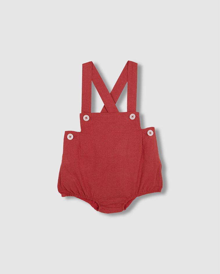 Culotte bouffante en lin &agrave; bretelles rose