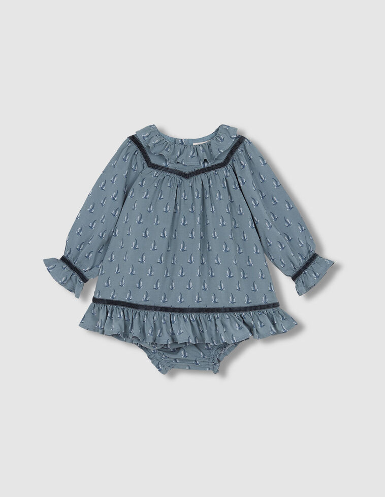 Vestito Stampa Con Balza Su Colletto Blu Chiaro