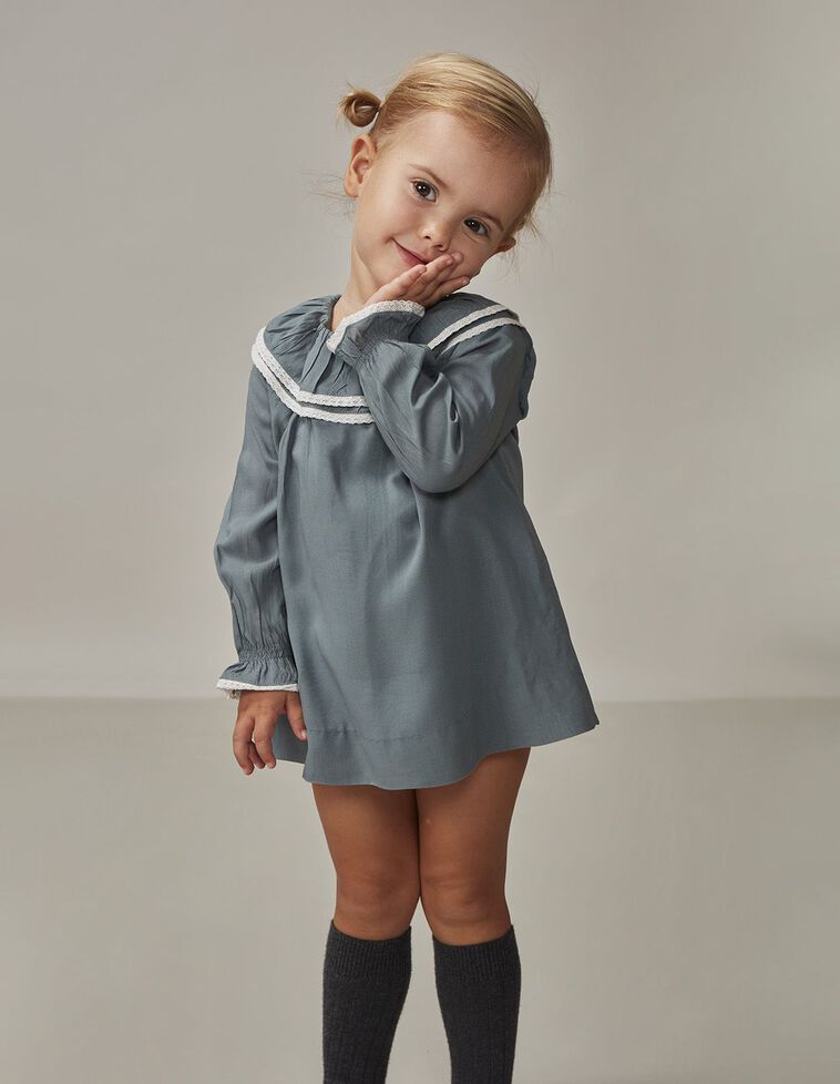 Vestito Stampa Con Collo Doppio Bluastro