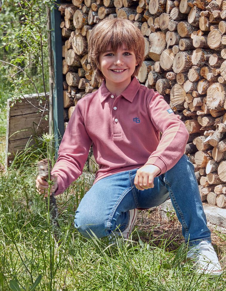 Polo Manga Comprida Logótipo pique Rosa Escuro