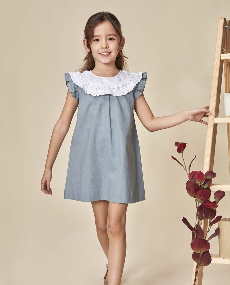 Vestito in lino con colletto a contrasto grigio