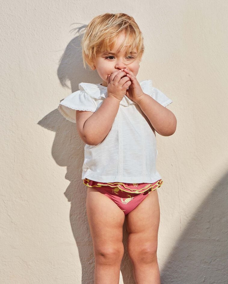 Culotte de bain &agrave; motif crabe avec volant corail