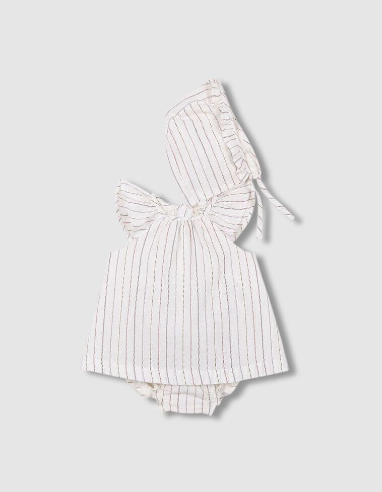 Conjunto de vestido com touca e padrão de riscas  esbranquiçada