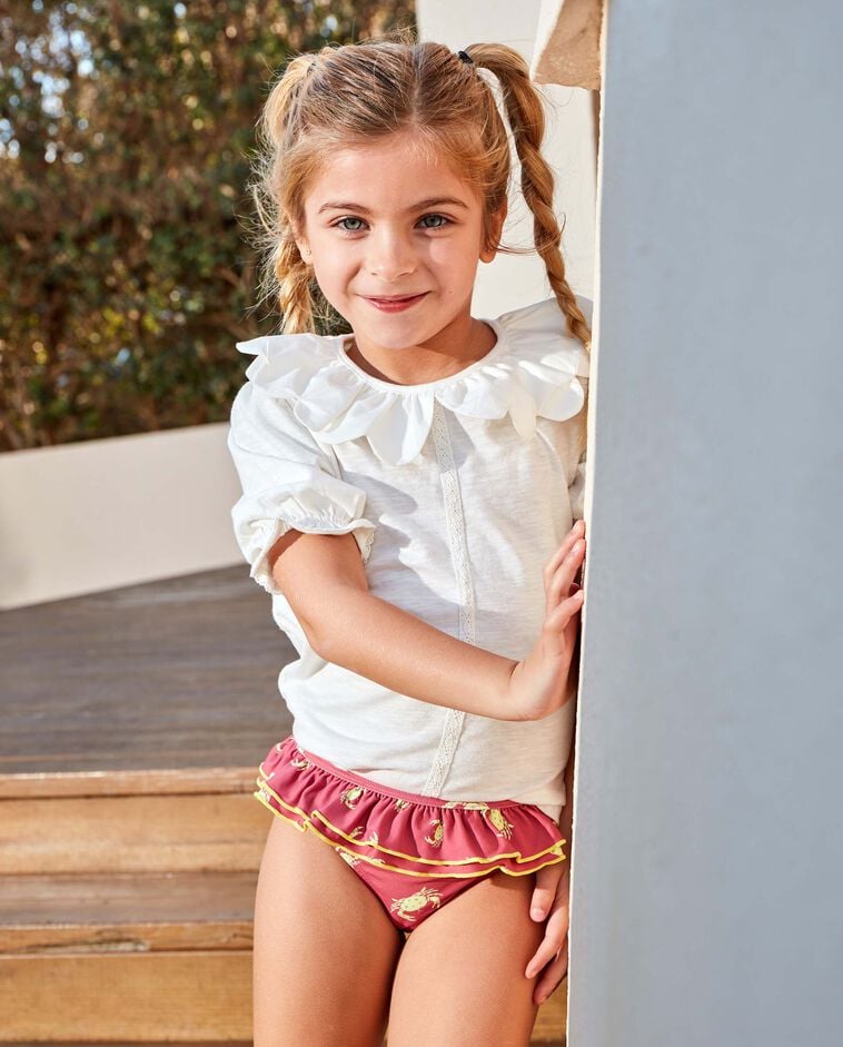 Costume mutandina a righe con volant corallo