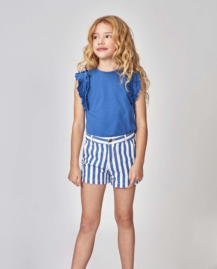 T-shirt &agrave; triple volant bleu