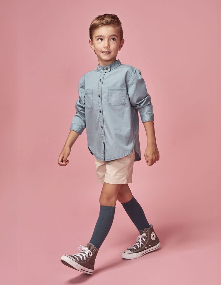 Chemise col mao à poches bleu clair