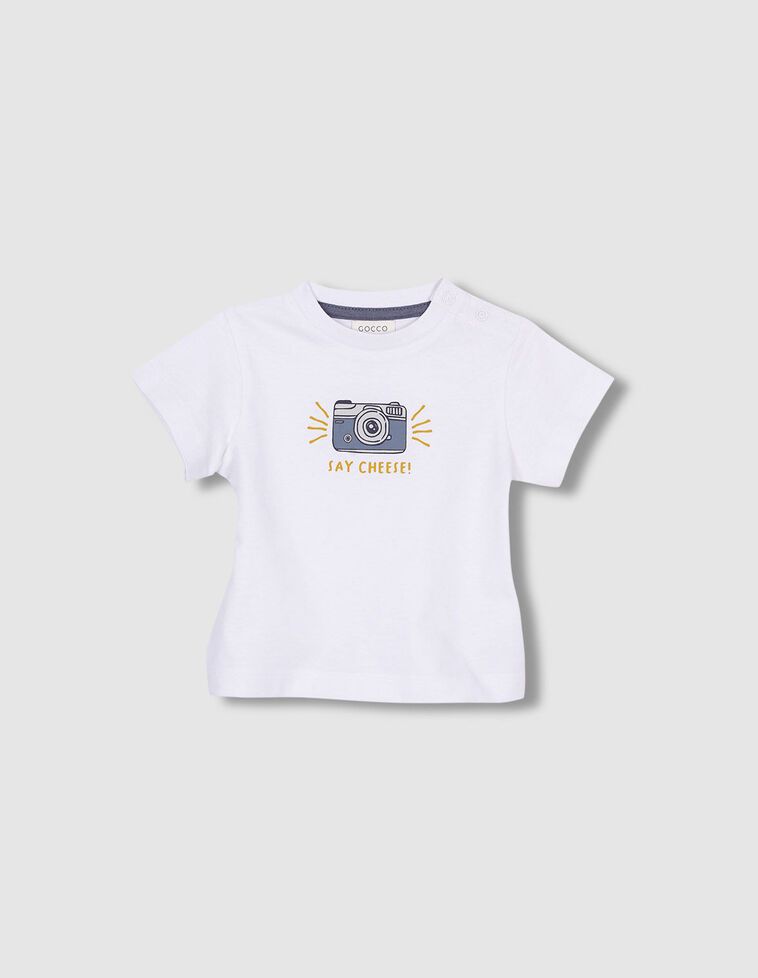 T-shirt com estampado de máquinas fotográficas  branca 