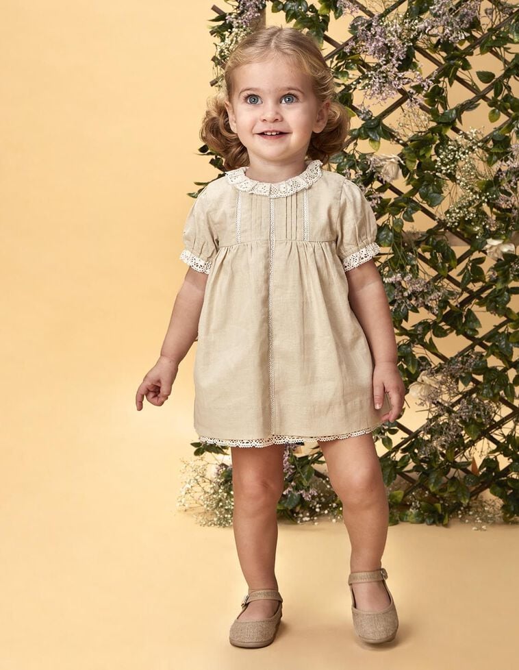 Robe en lin à bandes brodées marron