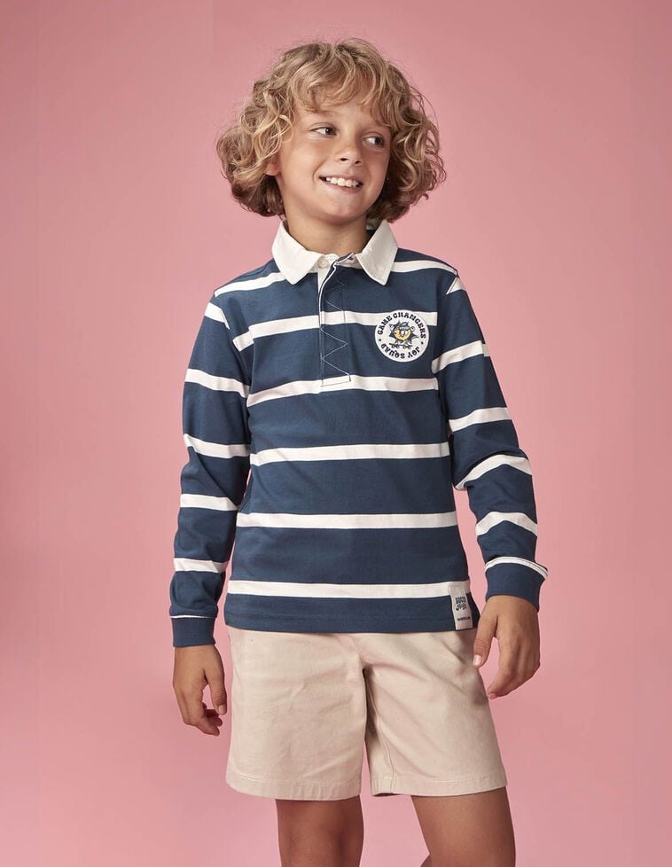 Polo a righe con patch grafico blu