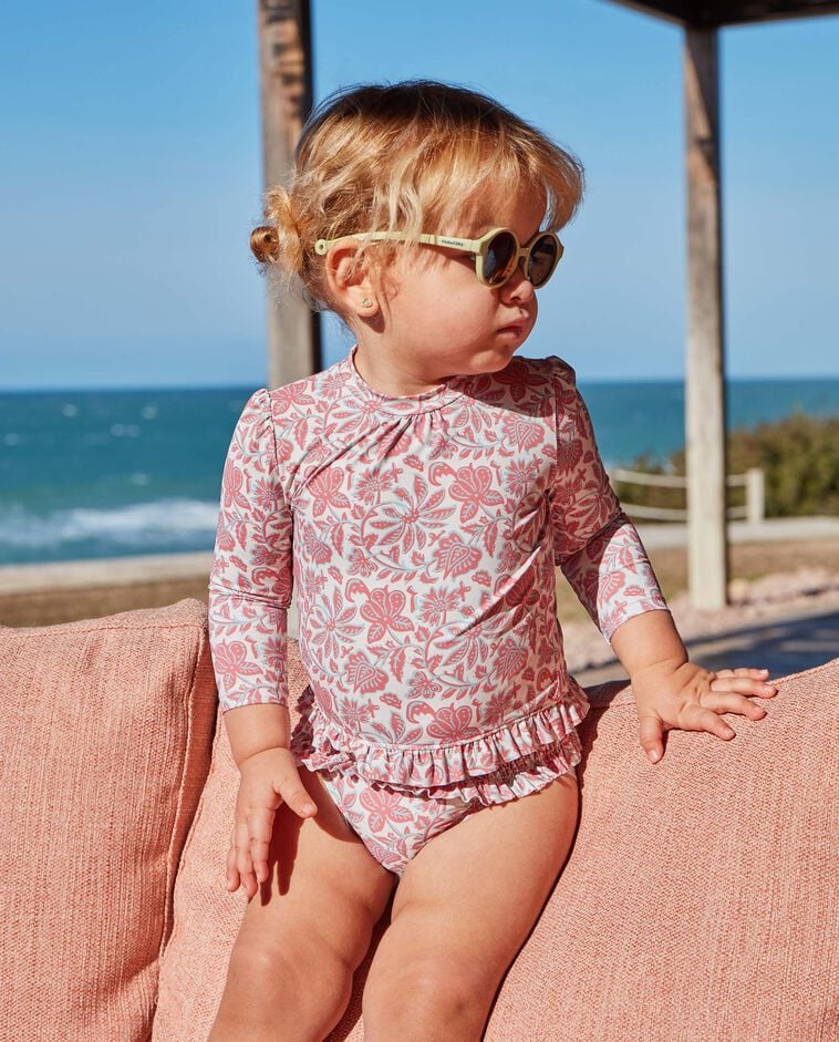 T-shirt de banho bege com prote&ccedil;&atilde;o solar estampado flores