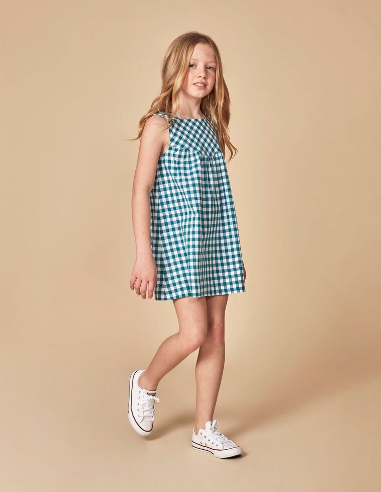Vestido com padrão de xadrez vichy  verde petróleo