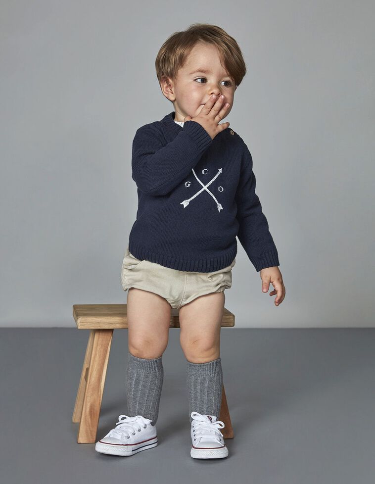 Camisola Azul Com Intársia  Cogumelos Em Cru Azul Marinho