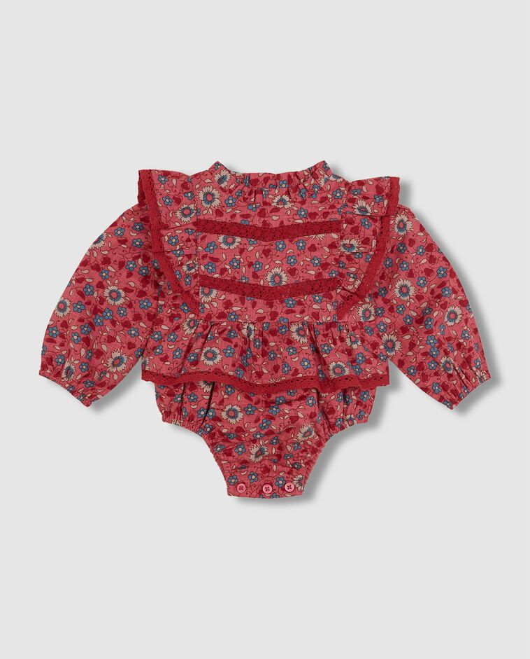 Barboteuse imprim&eacute;e fleurs avec volants corail