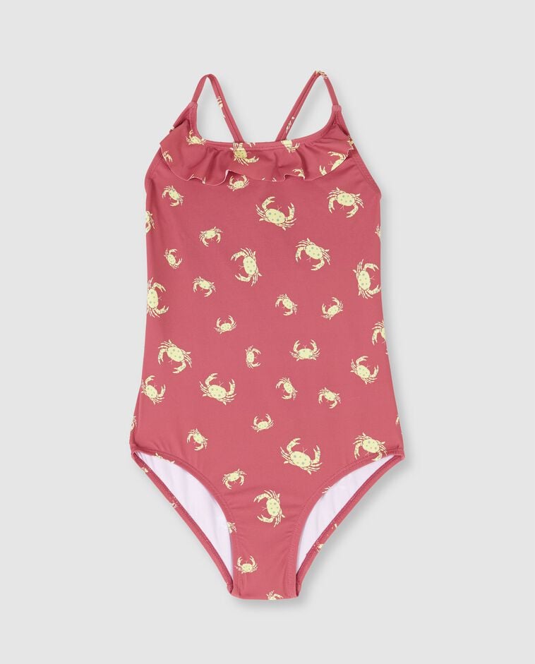 Maillot de bain &agrave; rayures avec volant &agrave; la taille corail