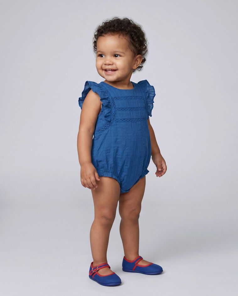 Barboteuse avec bretelles brod&eacute;es bleue