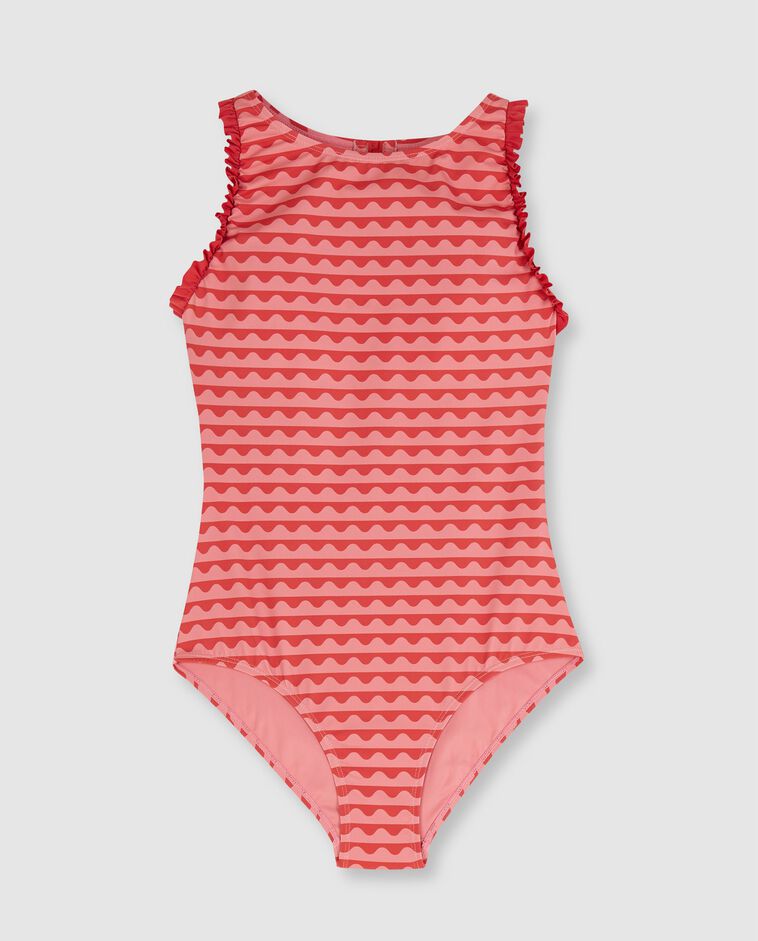 Maillot de bain m&egrave;re imprim&eacute; vagues avec volants rose