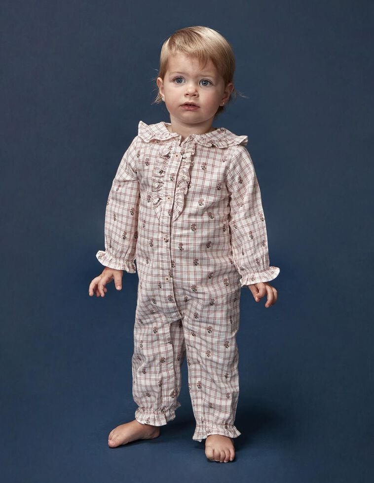 Pyjama imprimé carreaux et fleurs blanc