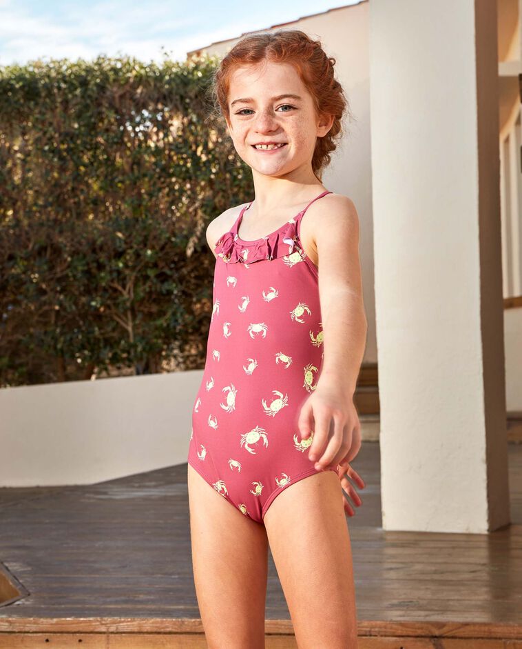 Costume a righe con volant in vita corallo