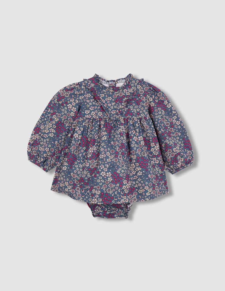 Robe fleurie à volant bleu
