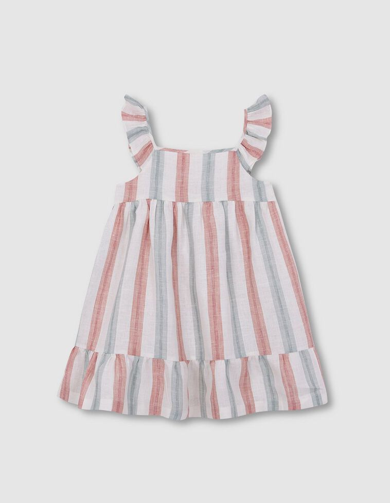 Vestido com padrão de riscas de várias cores em linho.