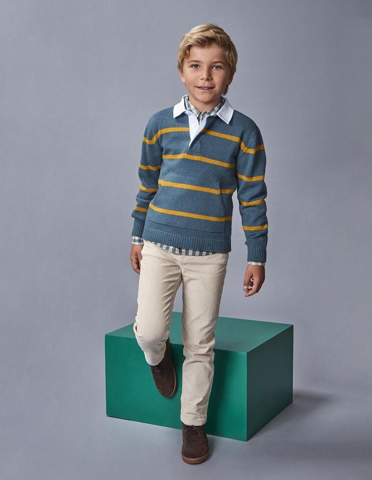 Maglione polo a righe con lana verde